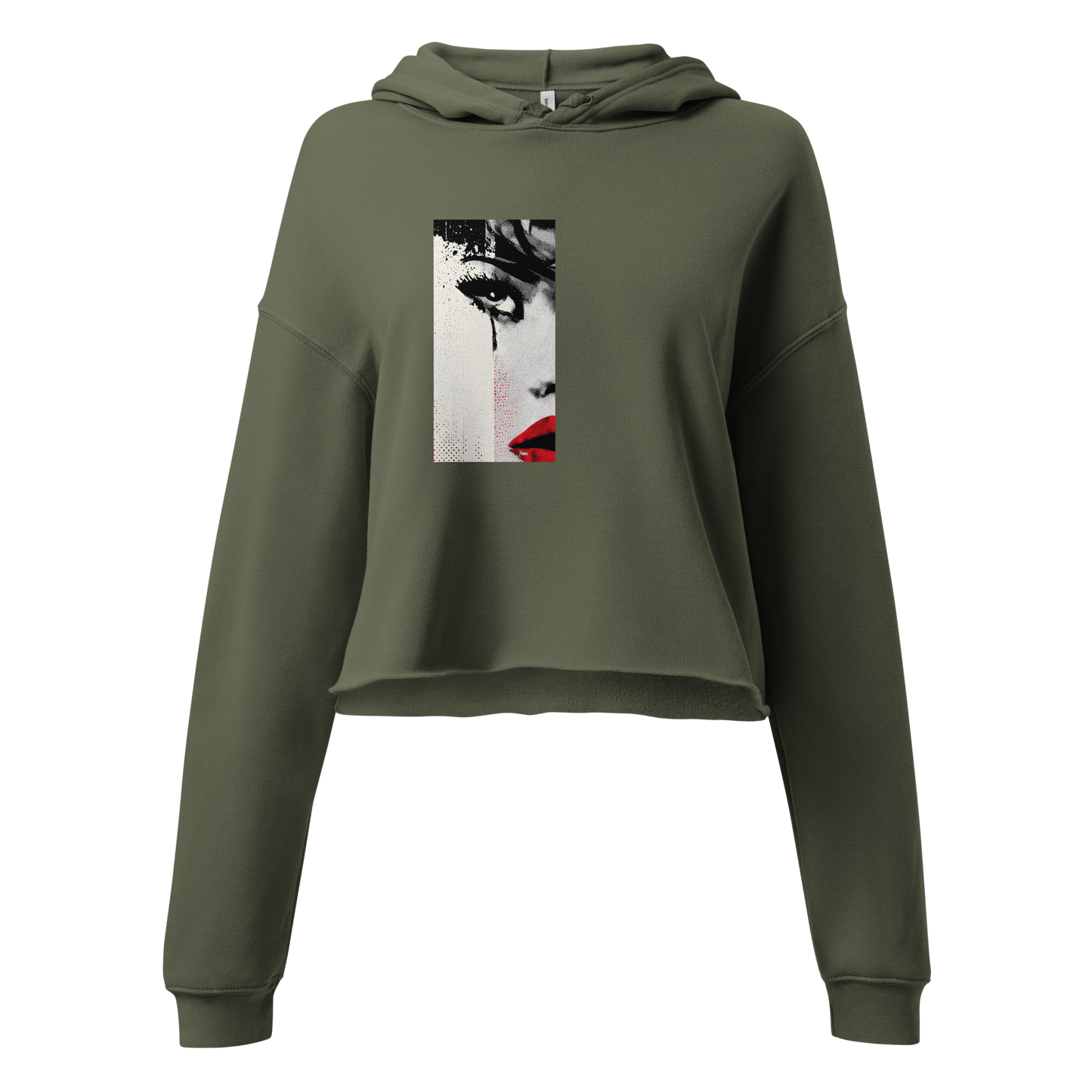 Military green cropped hoodie with halftone comic-style face, red lips, and intense gaze – The Lost Soul Co.
