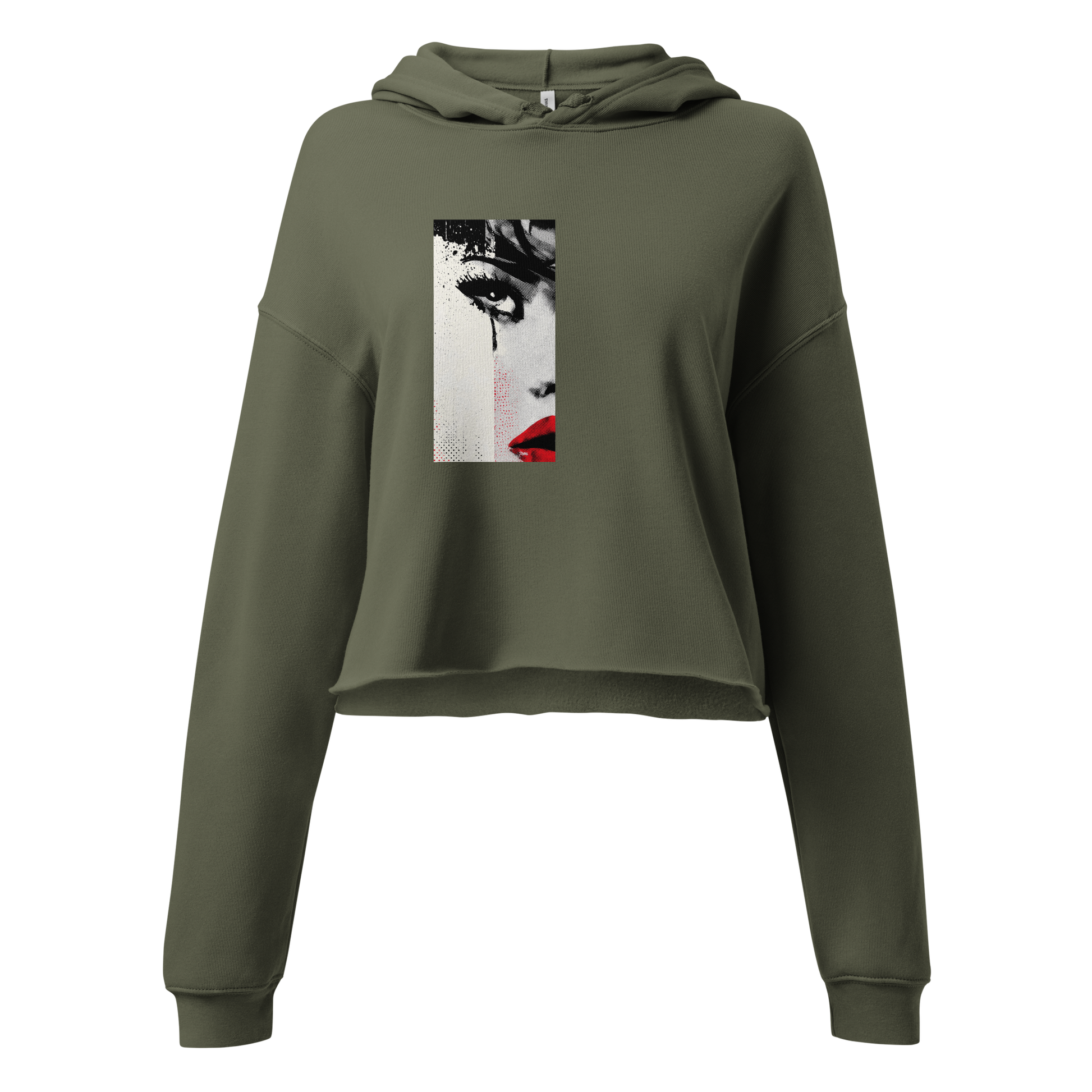 Military green cropped hoodie with halftone comic-style face, red lips, and intense gaze – The Lost Soul Co.