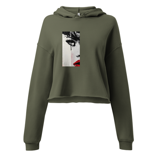 Military green cropped hoodie with halftone comic-style face, red lips, and intense gaze – The Lost Soul Co.